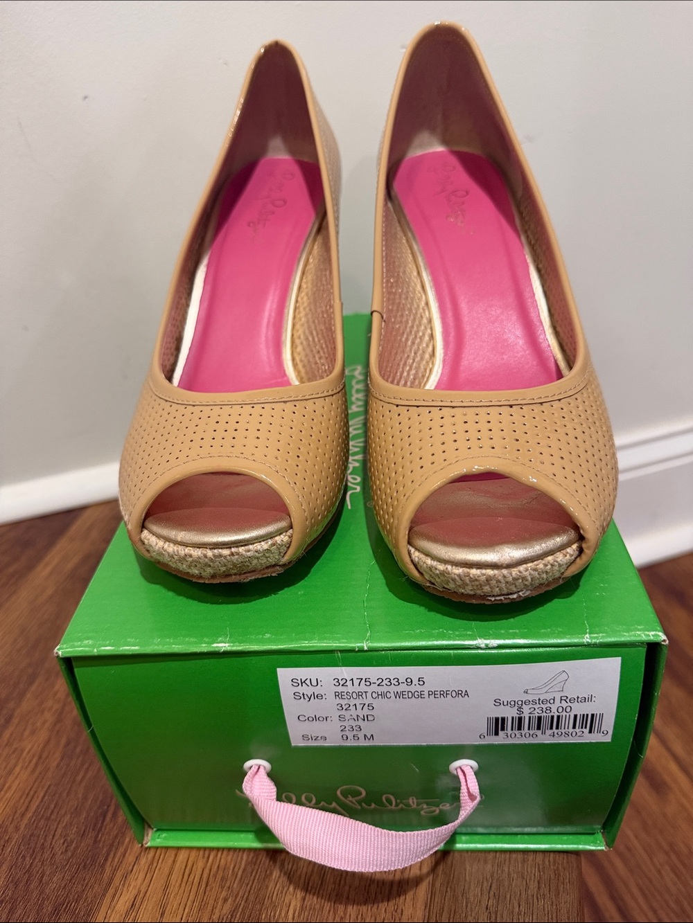 Lily Pulitzer Resort Chic Perforated Tan Peep-Toe Wedge with Pink Insole
